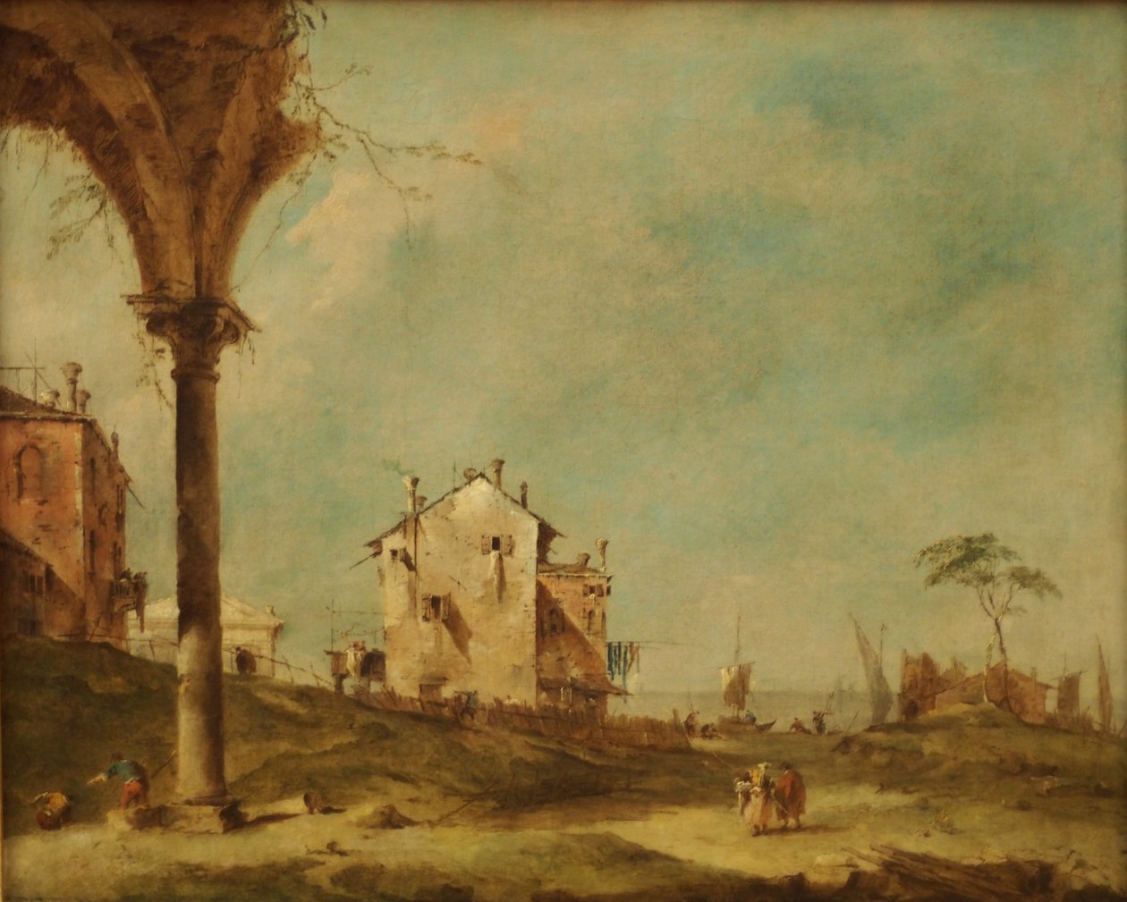 Capriccio, fantasiamaisema, jossa on rakennuksia laguunilla tekijältä Francesco Guardi