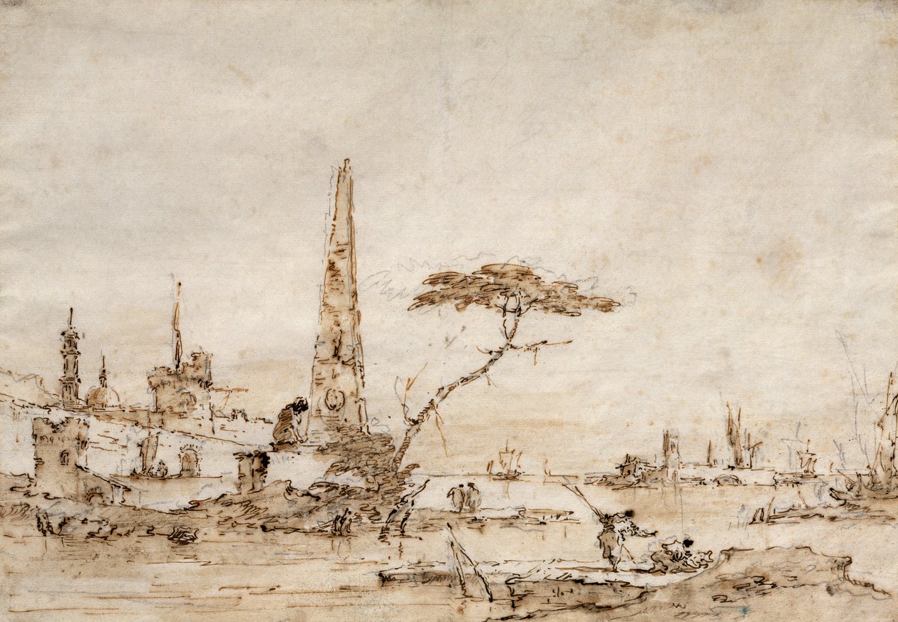 Capriccio Venetsian laguunin vieressä, obeliski ja leijona linnoitettujen kaupungin muurien ulkopuolella (kynä ja muste) tekijältä Francesco Guardi