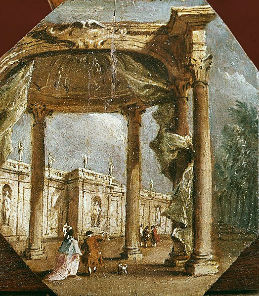 Capriccio of a Folly elegantin parin ja koiran kanssa (öljy paneelissa) tekijältä Francesco Guardi