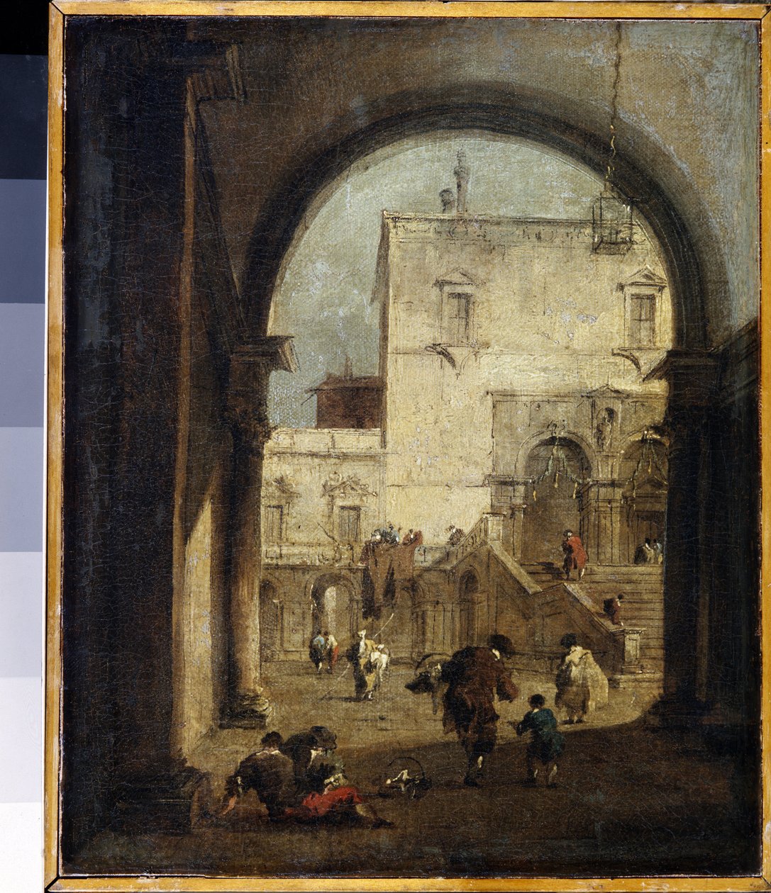 Venetian Capriccio: näkymä aukiolle ja palatsille Francesco Guardin (1712-1793) maalaus 1775-1780 su. 27x23 cm Eremitaaši, Pietari tekijältä Francesco Guardi