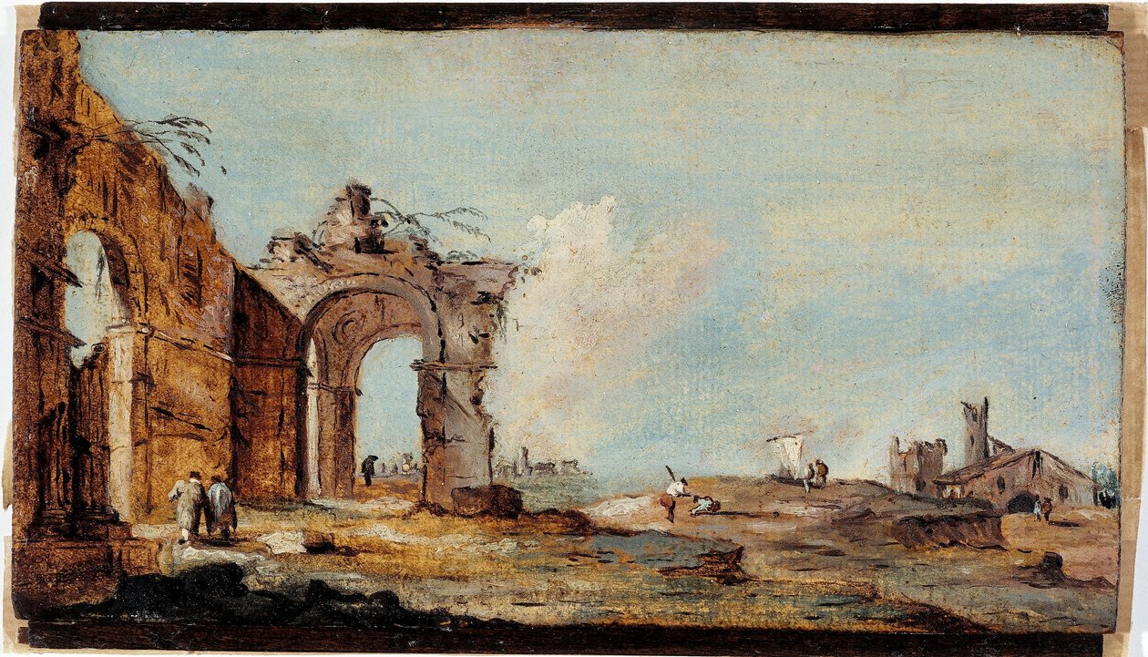 Caprice, jossa on raunioitunut kaari ja kalastajien taloja. tekijältä Francesco Guardi