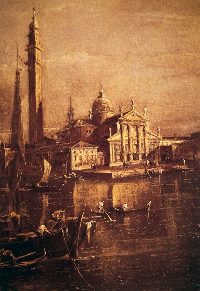San Giorgion kirkko ja Campanile, yksityiskohta Pyhän Markuksen aukion altaasta, n. 1774 tekijältä Francesco Guardi