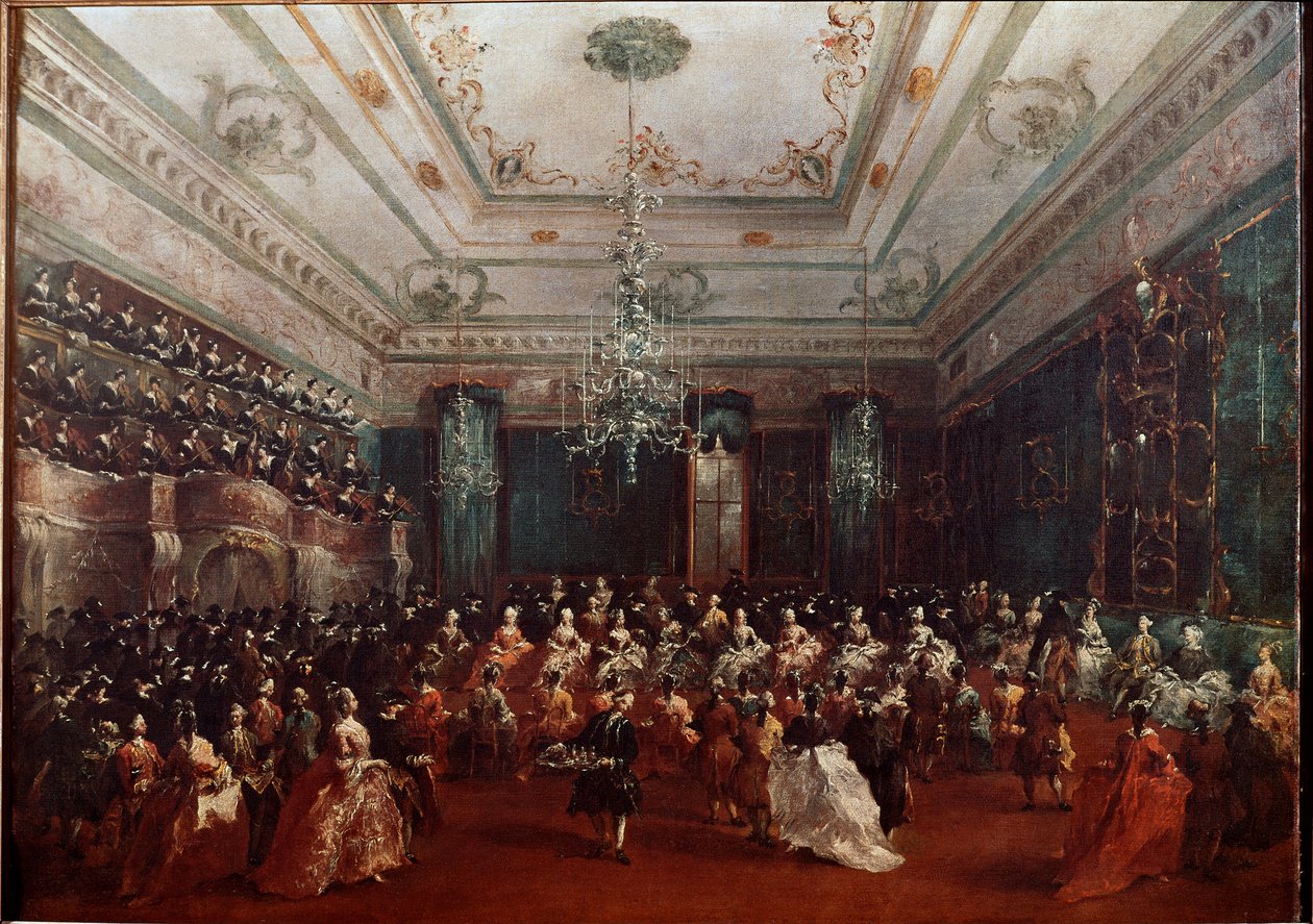 Gaalakonsertti Casino dei Filodrammaticissa Venetsiassa Naisten konsertti. Francesco Guardin (1712-1793) maalaus Mitat 67x90 cm München, Alte Pinakothek tekijältä Francesco Guardi