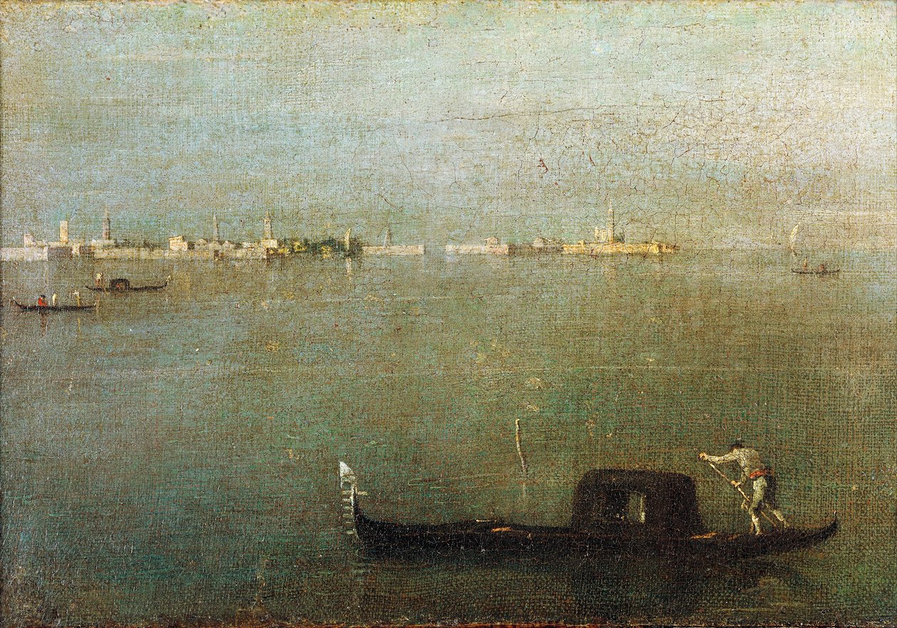 Gondola laguunilla, Grey Lagoon c. 1765 (öljy kankaalle) tekijältä Francesco Guardi
