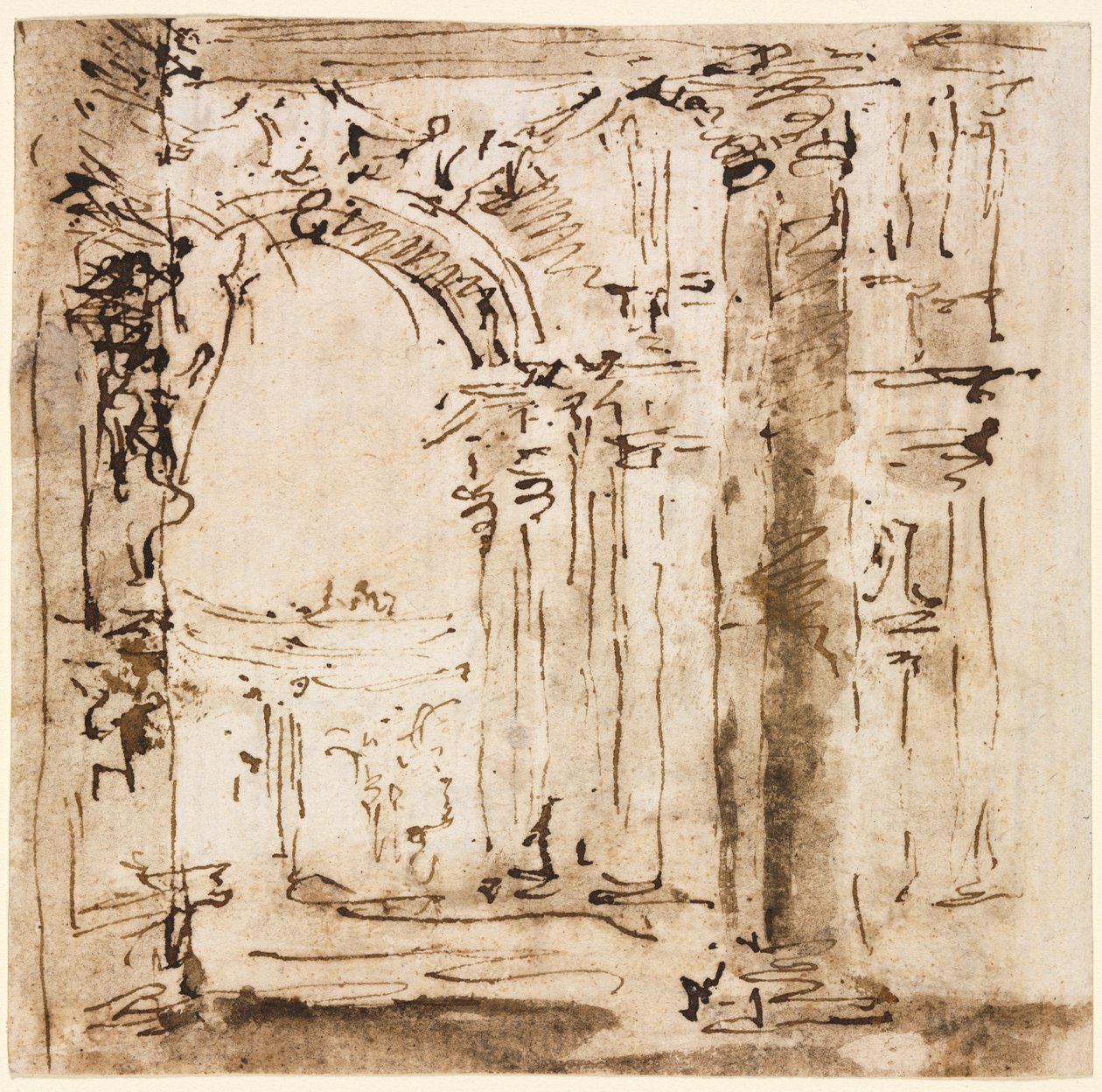 Piirustuspari: Luonnos Villa Pisanin labyrintista ja Piazza San Marcosta Dogesien palatsilla tekijältä Francesco Guardi
