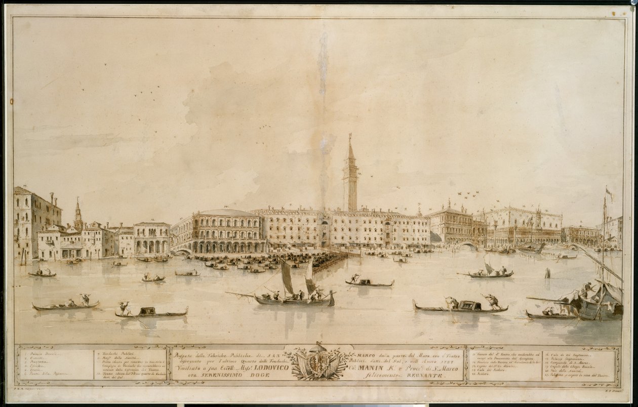 Venetsian panoraama Bacino di San Marcolta, mukaan lukien suunnitelma ehdotettua Teatro Maninia varten tekijältä Francesco Guardi