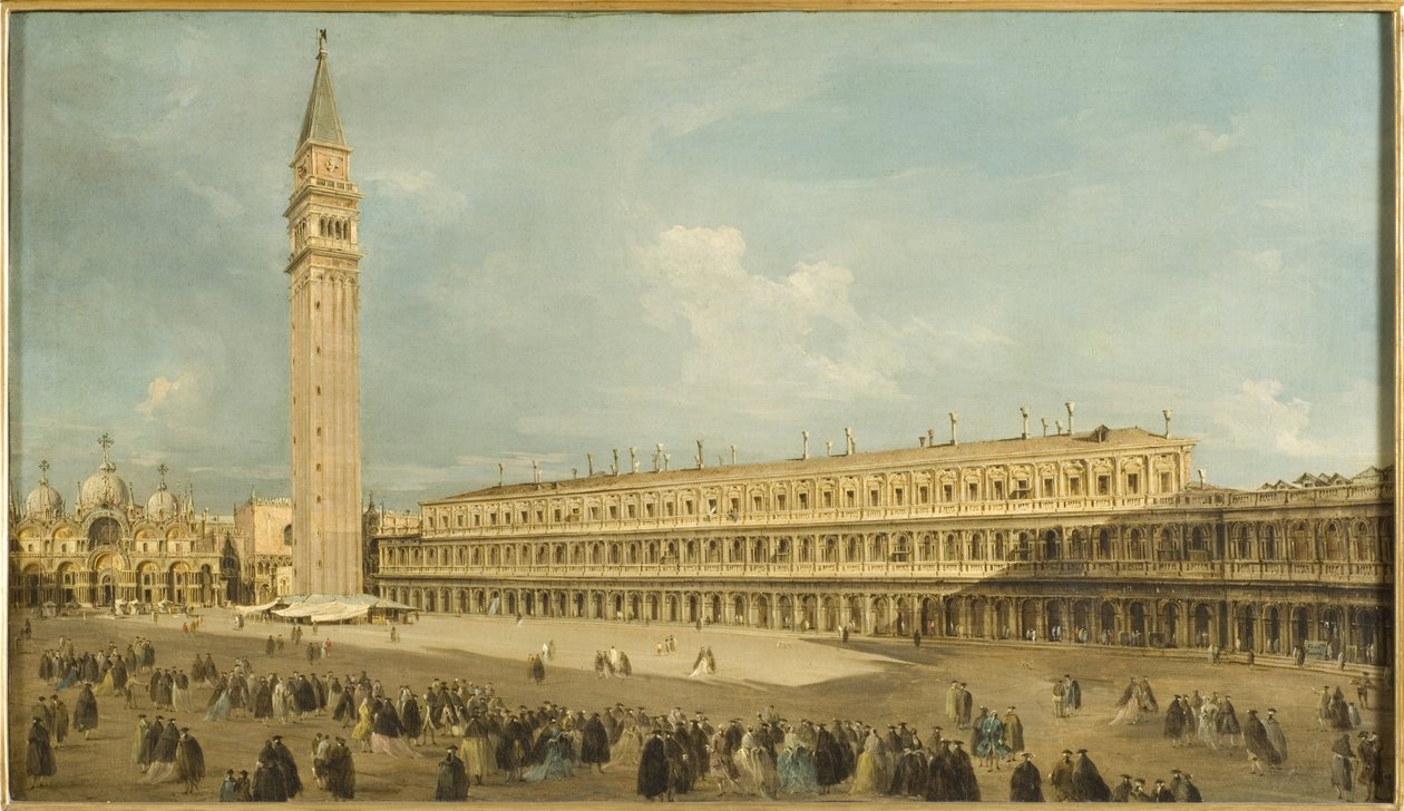 Place Saint Marc, Venetsia - Piazza San Marco, Venetsia, kirjoittanut Guardi, Francesco (1712-1793). Öljy kankaalle. Mitat: 50x85 cm. Tukholman kansallismuseo tekijältä Francesco Guardi