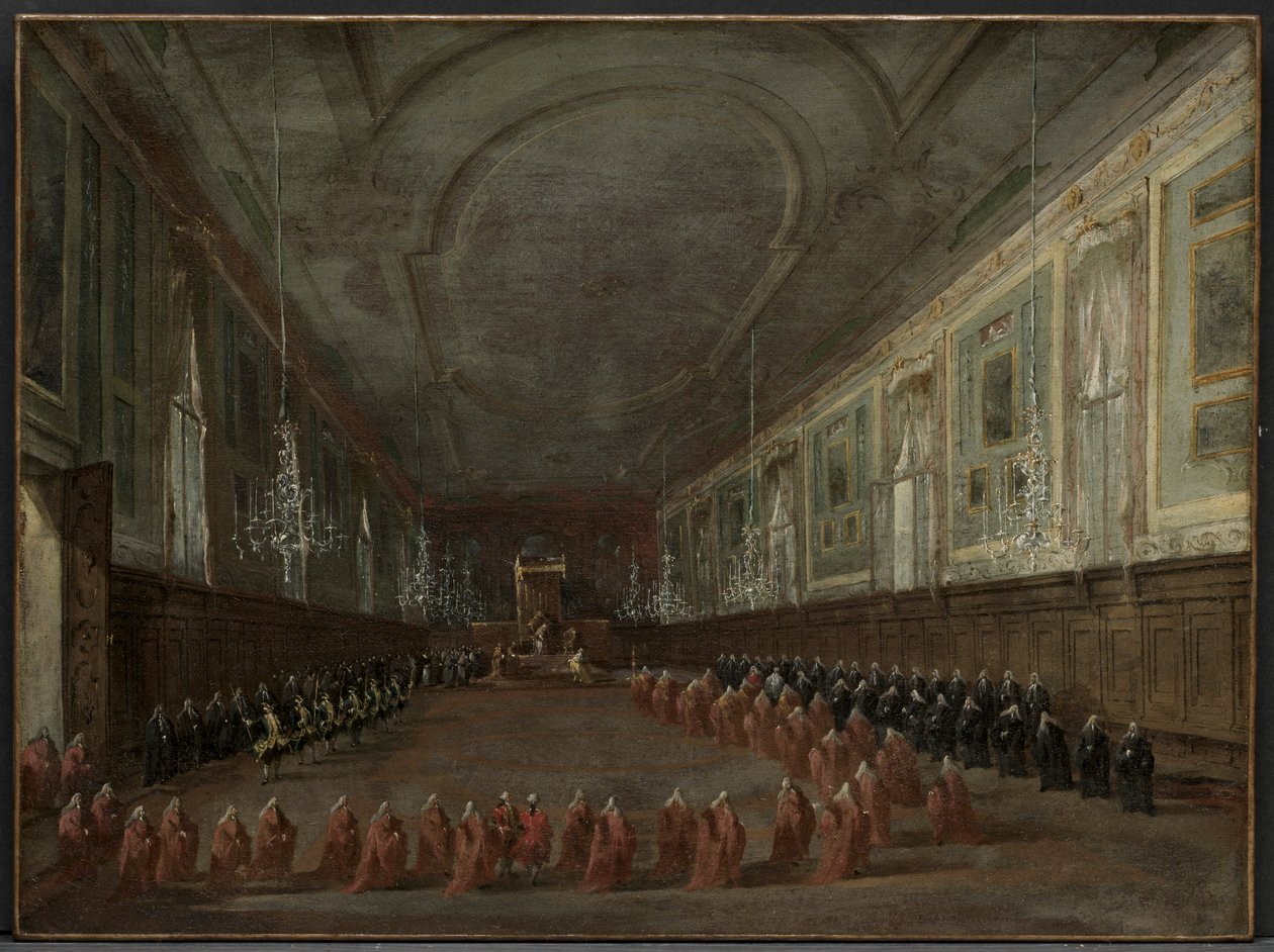 Paavi Pius VI laskeutuu valtaistuimelle jättääkseen dogen aulassa..., c. 1783. tekijältä Francesco Guardi
