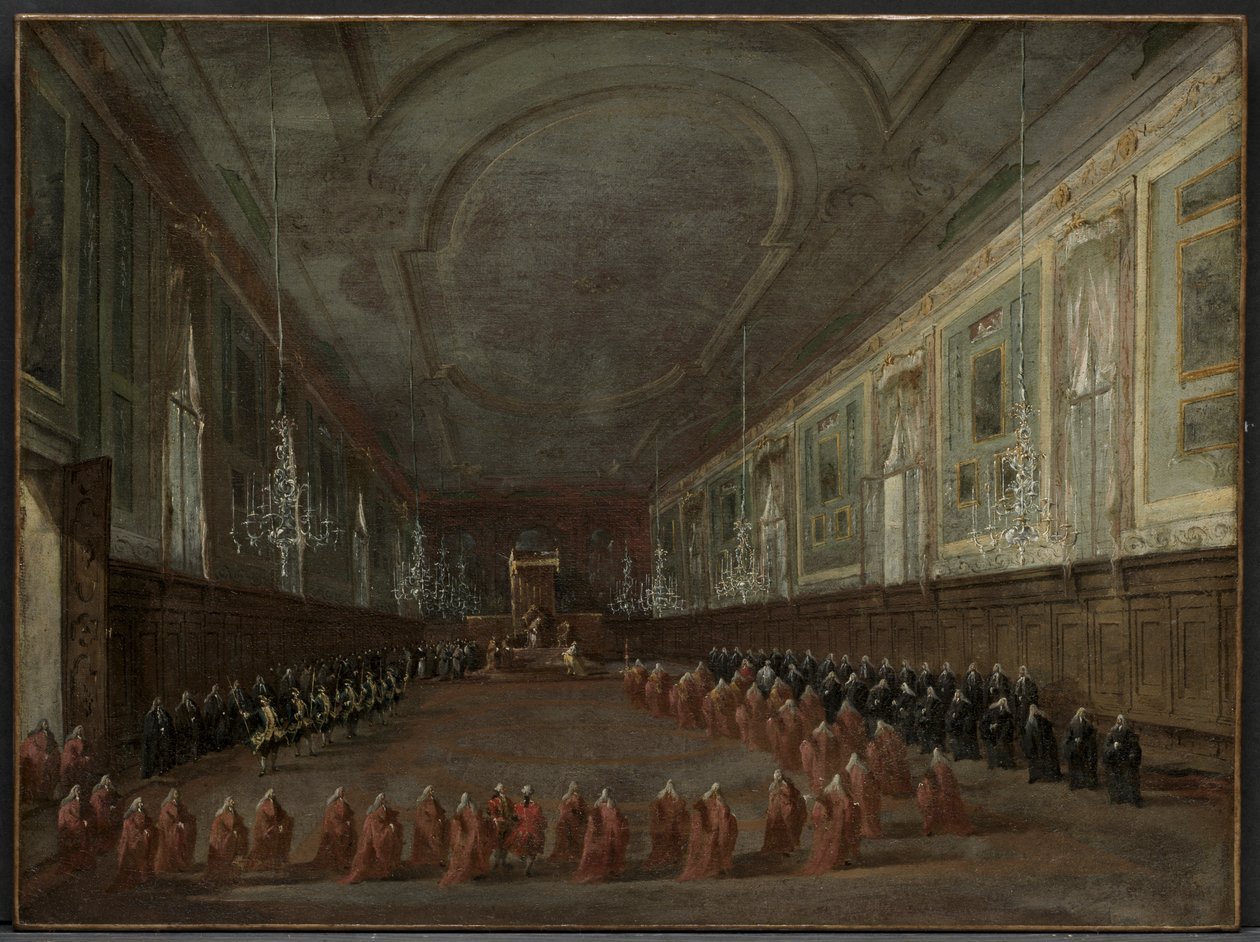 Paavi Pius VI laskeutuu valtaistuimelle lähteäkseen Dogesta SS-salissa. Giovanni ja Paolo, 1782 tekijältä Francesco Guardi