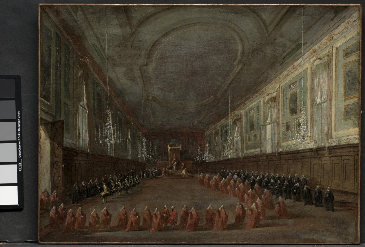 Paavi Pius VI laskeutuu valtaistuimelle lähteäkseen Dogesta SS-salissa. Giovanni e Paolo, 1782 ja paavillinen seremonia SS:ssä. Giovanni e Paolo, Venetsia, 1782, n. 1783 tekijältä Francesco Guardi