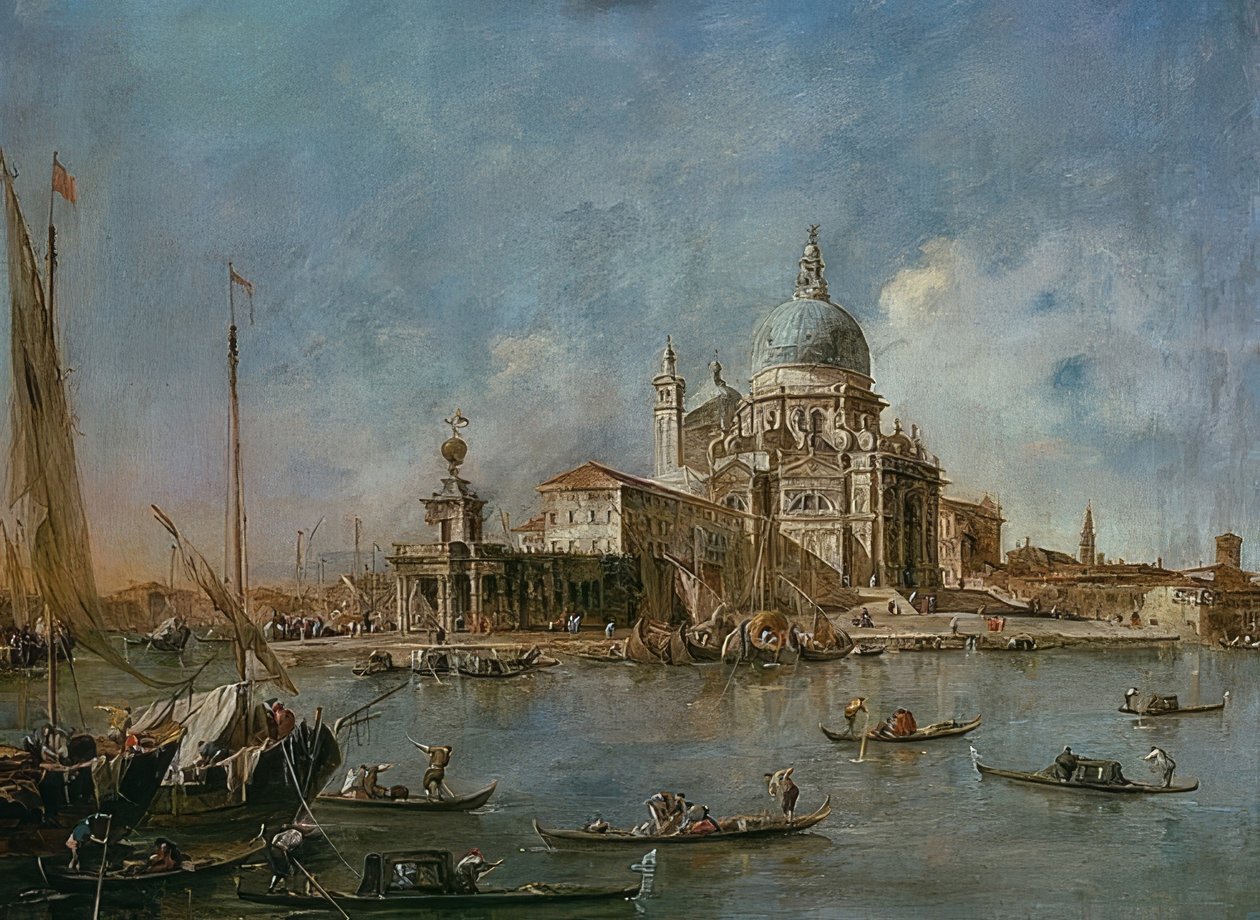 Punta Della Dogana Santa Maria della Saluten kanssa. Öh 1770 tekijältä Francesco Guardi