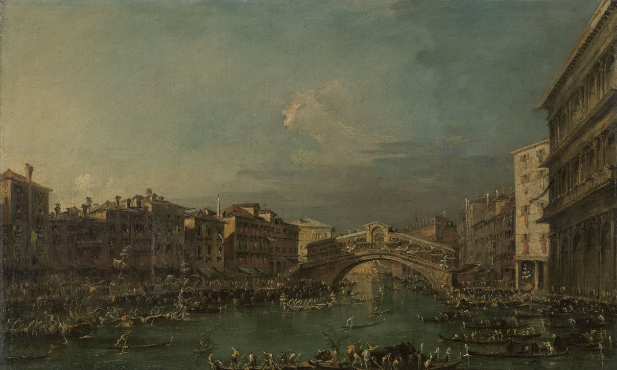Regatta Grand Canalilla, lähellä Rialton siltaa, Venetsia tekijältä Francesco Guardi