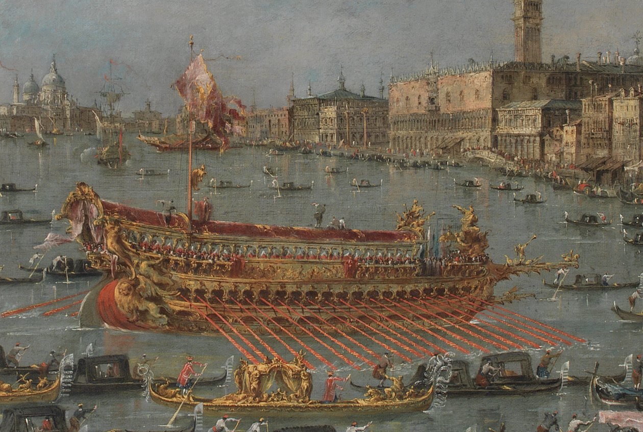 Venetsian Bucintoro-festivaali. Bacino di S. Marco Bucintoron kanssa, Dogesin osavaltion proomu, helatorstaina (yksityiskohta), 1780-93 tekijältä Francesco Guardi
