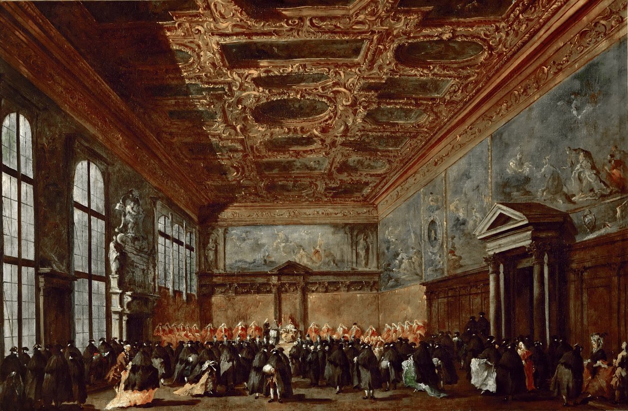 Venetsian dogi tarjoaa yleisöä Dogen palatsin Sala del Collegiossa tekijältä Francesco Guardi
