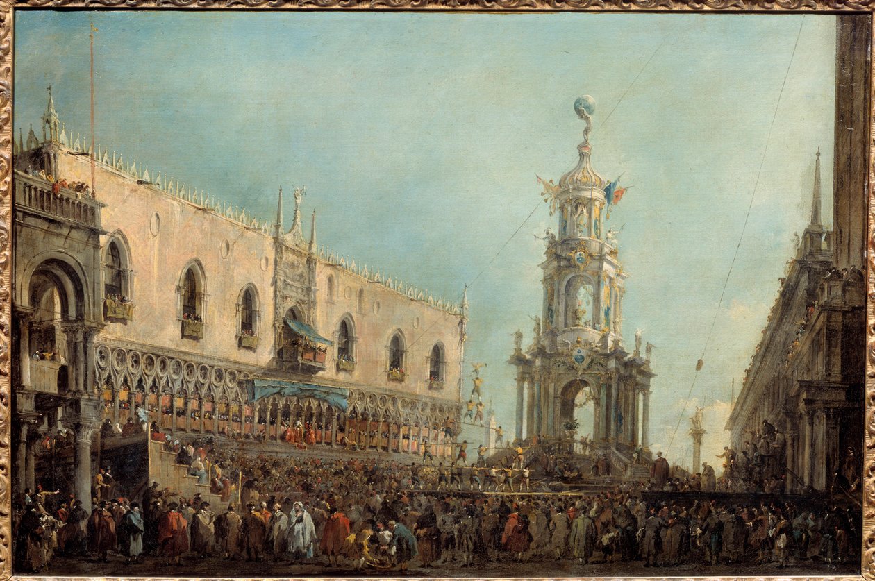 Venetsian doge osallistuu Gras Torstain juhliin Piazzetta di San Marcolla Doge Alvise IV Mocenigo (1701-1778) osallistuu akrobaattisiin esityksiin Dogen palatsin parvekkeelta. Francesco Guardin (1712-1793) maalaus 1766-1770 su. 0,67 x 1 m tekijältä Francesco Guardi