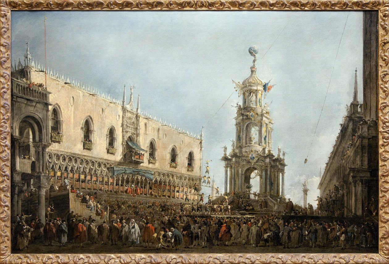 Venetsian doge osallistuu Torstaipäivän juhliin Piazzetta di San Marcolla, Dogen on vasemmalla, Dogen palatsin keskushallin alla, Piazzettalle pystytetyn efemeerimonumentin vieressä, seisoo voimistelukilpailusta peräisin oleva ihmispyramidi. tekijältä Francesco Guardi