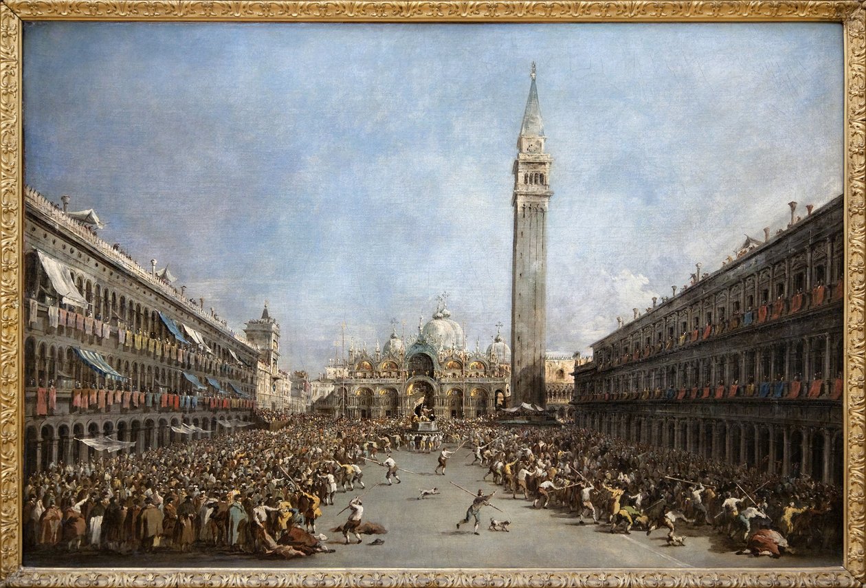 Venetsian dogi kuljettaa gondoliereilla hänen valituksensa Pyhän Markuksen aukiolle (San Marco) (näkymä Pyhän Markuksen basilikalle ja kellotornille), Francesco Guardin (1712-1792) öljymaalaus. Valokuvaus, KIM Youngtae, Grenoble, Musee de Grenoble. tekijältä Francesco Guardi