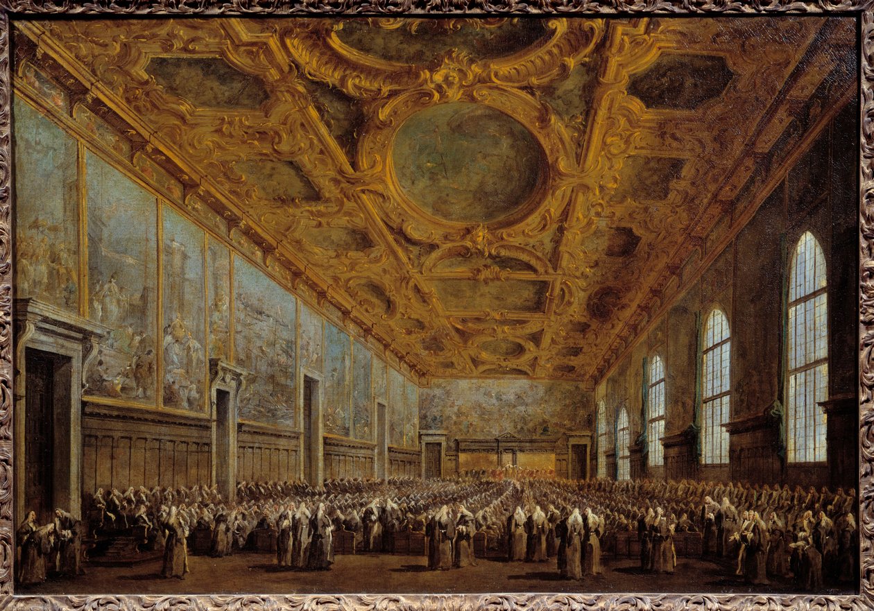 Venetsian doge kiittää suurneuvostoa. Kohtaus tapahtuu Dogen palatsissa Venetsian San Marcon aukiolla. Francesco Guardin maalaus tekijältä Francesco Guardi