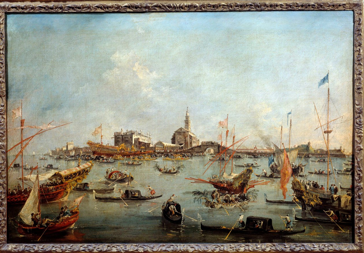 Doge Bucentauruksella (Bucentoro) San Nicolossa Venetsiassa helatorstaina Tämä on luultavasti Doge Alvise IV Mocenigo (1763-1778). Francesco Guardin (1712-1793) maalaus 1775-1780 su. 0,67x1m tekijältä Francesco Guardi