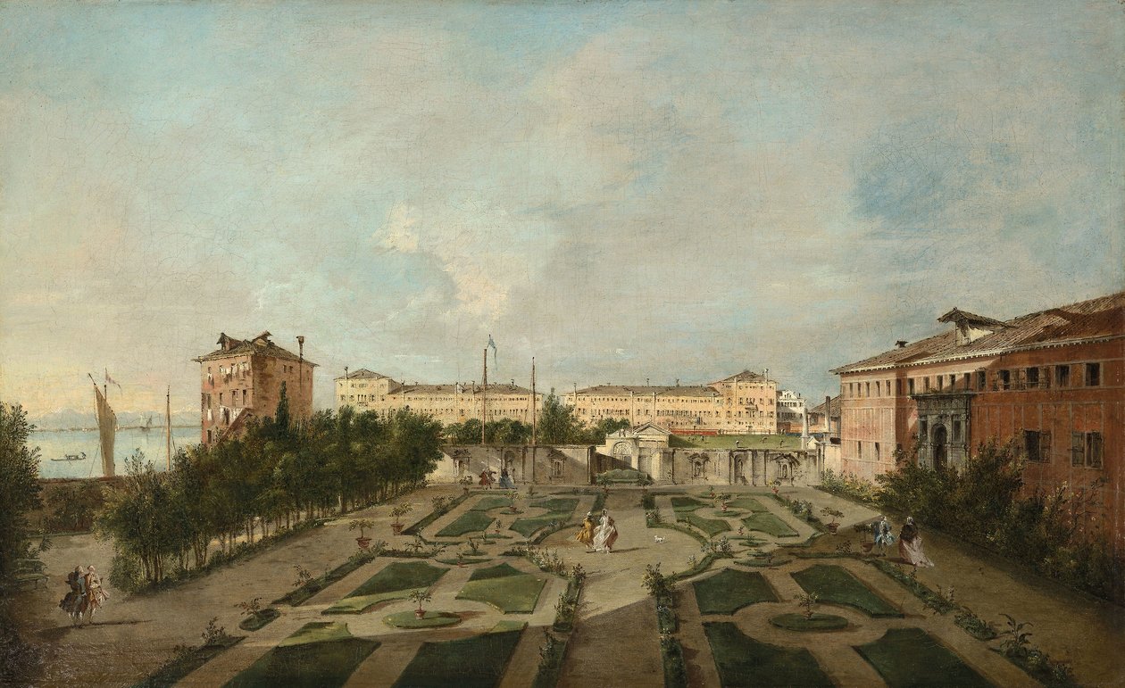 Palazzo Contarini dal Zaffon puutarha, n. 1770 (öljy kankaalle) tekijältä Francesco Guardi