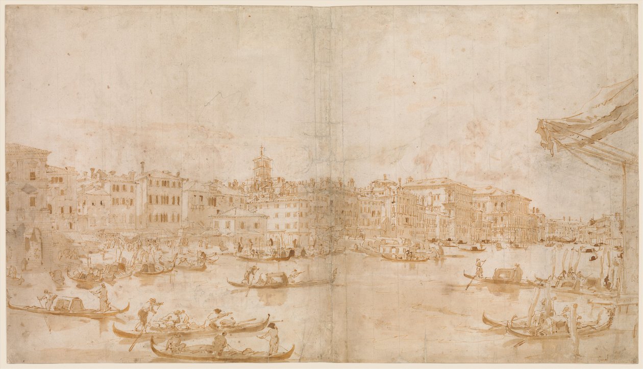 Canal Grande Rialton yläpuolella (etupuoli); pappi viettää messua ja pyhä Vincent Ferrer saarnaa (kääntöpuoli) tekijältä Francesco Guardi