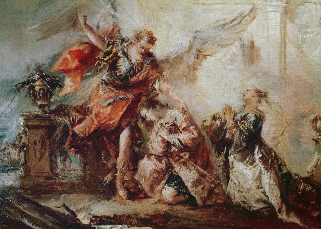 Tobiaksen häät, yksityiskohta Saran ja Tobiaksen parista Rafaelin välittäjän edessä kiittäen Jumalaa, n. 1750 tekijältä Francesco Guardi