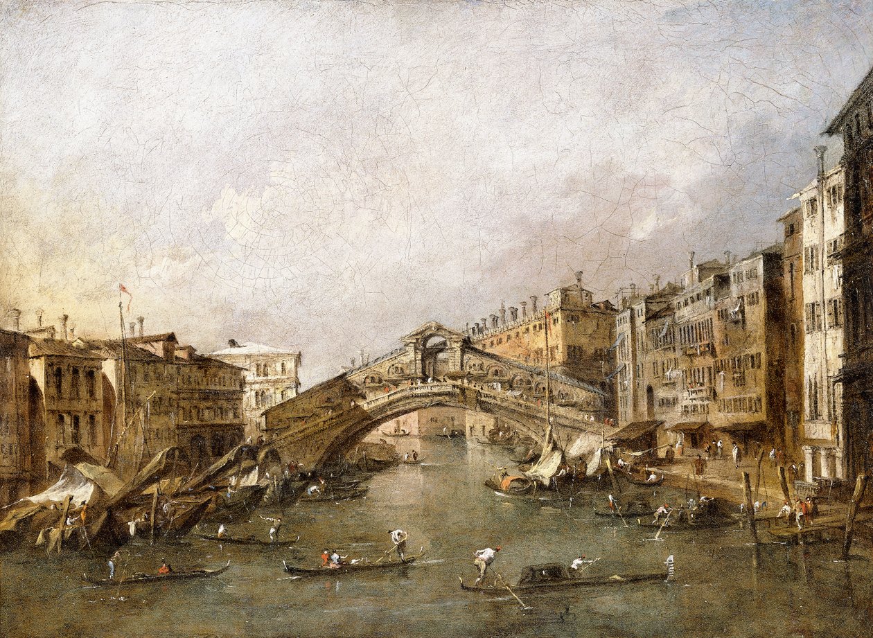 Rialton silta, Venetsia, gondolit etualalla, tekijältä Francesco Guardi