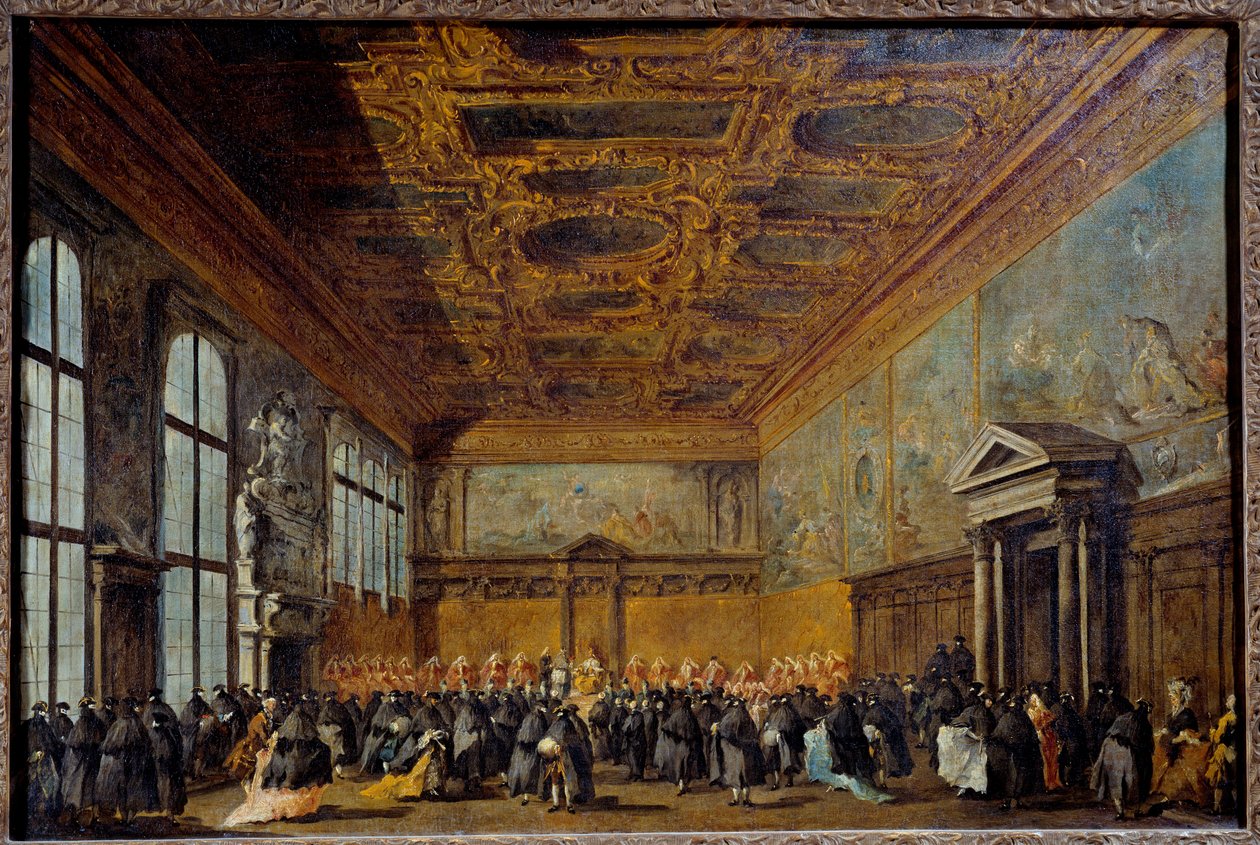 Venetsian dogin (todennäköisesti Alvise IV Mocinego (1701-1778)) myöntämä yleisö Venetsian herttuapalatsin College Hallissa Francesco Guardin (1712-1793) maalaus 1766-1770 su. 0,67 x 1,01 m tekijältä Francesco Guardi