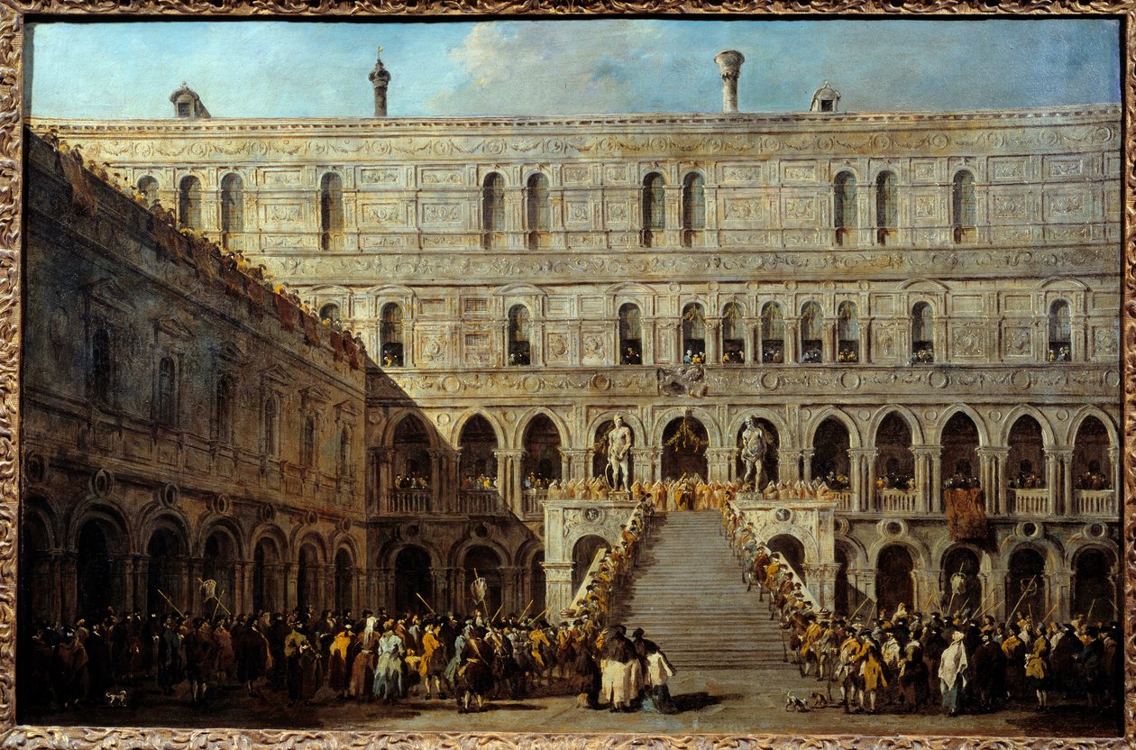 Venetsian dogen kruunaus Herttuan palatsin jättiläisten portaissa. Francesco Guardin (1712-1793) maalaus, vuosilta 1766-1770. h/t 0,67 x 1,01 m. tekijältä Francesco Guardi