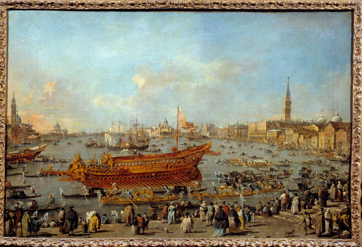 Bucentaurin (Bucentoron) lähtö kohti Venetsian Lidoa helatorstaina Francesco Guardin (1712-1793) maalaus 1766-1770 su. 0,66x1,01 m - Bucentaurin (Bucentoron) lähtö Venetsian Lidoon helatorstai-seremoniaan. Pai tekijältä Francesco Guardi