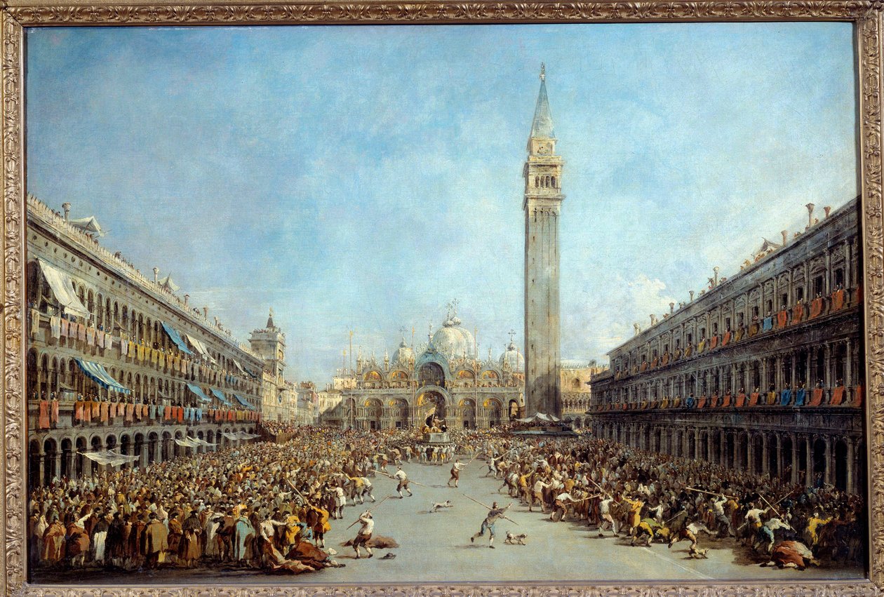 Venetsian doge Alvise IV kantaa gondolieerit hänen valintansa jälkeen Pyhän Markuksen aukiolla vuonna 1763 Francesco Guardin (1712-1792) maalaus 1770 Su. 0,67x1 m Grenoble, Musee des Beaux Arts tekijältä Francesco Guardi