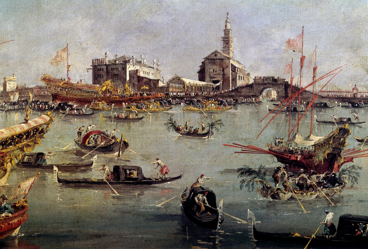 Doge Bucentauruksella (Bucentoro) San Nicolossa Lidosta Venetsiaan, Francesco Guardin (1712-1793) helatorstai-maalaus 1700-luvun Pariisissa, Louvre-museo. tekijältä Francesco Guardi