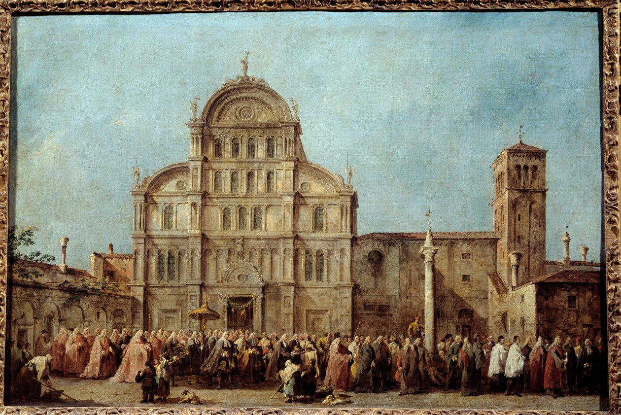 Venetsian dogen kulkue San Zaccarian kirkkoon pääsiäispäivänä (1763). Francesco Guardin (1712-1793) maalaus, noin 1766-1770. Öljy kankaalle. Mitat: 0,67 x 1,01 m. - Venetsian dogen kulkue San Zaccarian kirkossa, E tekijältä Francesco Guardi