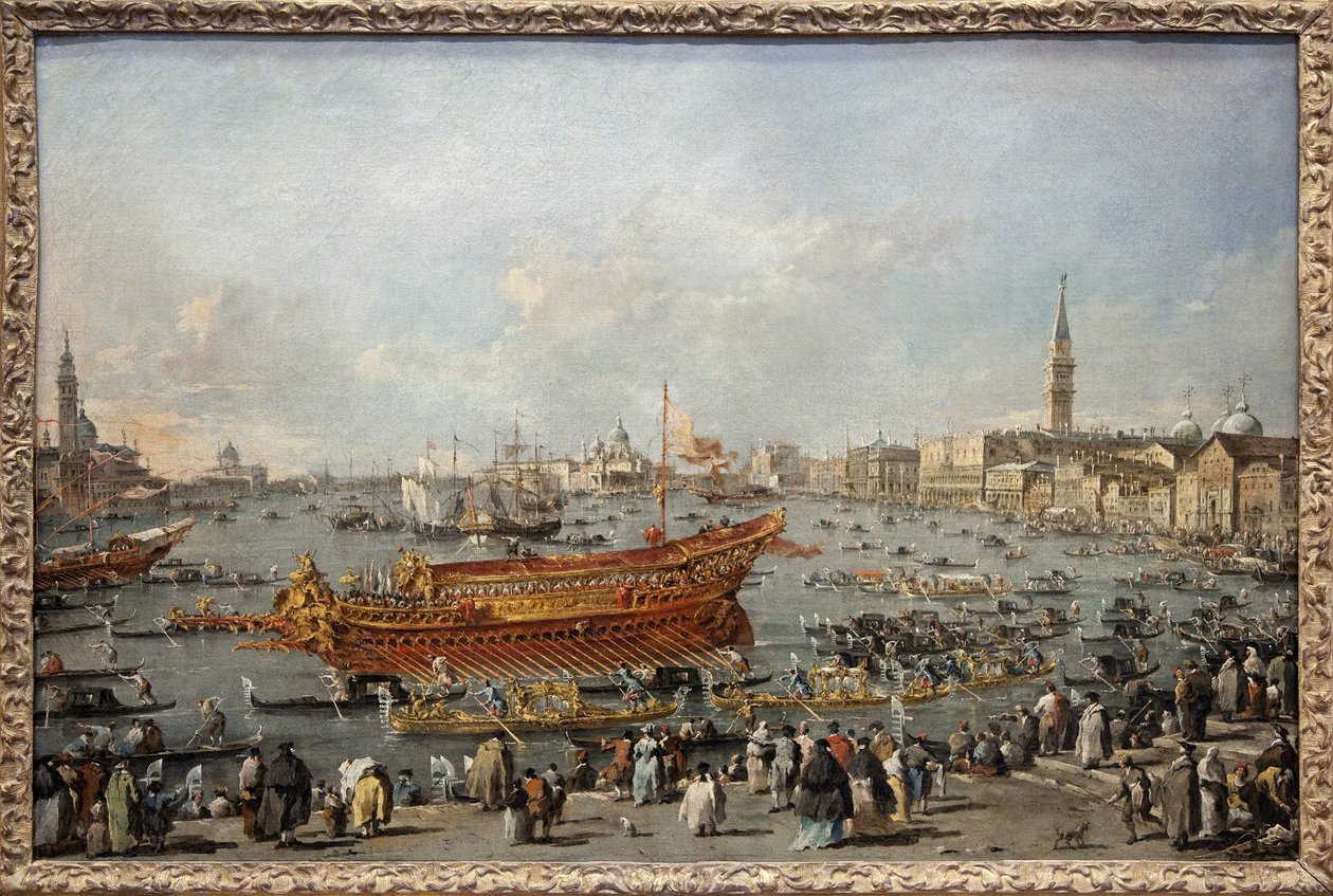 Bucentauruksen (Bucentoron) lähtö kohti Venetsian Lidoa helatorstaina, Doge osallistuu helatorstai-juhlien päätapahtumaan, Venetsian häihin Adrianmeren kanssa Dalmatian valloituksen muistoksi 1300-luvulla. tekijältä Francesco Guardi