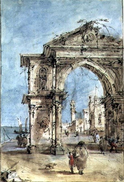 Riemukaari rantakadulla (kynä ja ruskea tussi, pesu, vesiväri, korotettu valkoisella). tekijältä Francesco Guardi