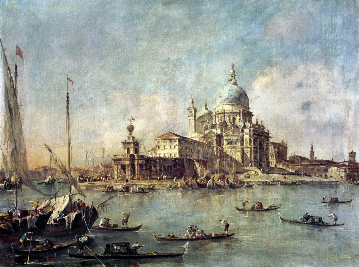 Venetsia, Punta della Dogana Santa Maria della Saluten kanssa, n. 1770 tekijältä Francesco Guardi