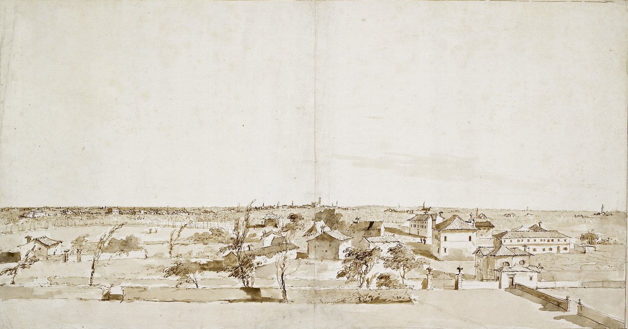 Näkymä Villa Loredanin puutarhan poikki (kynä ja ruskea muste ruskealla tussihuuhtelulla valkoiselle paperille). tekijältä Francesco Guardi