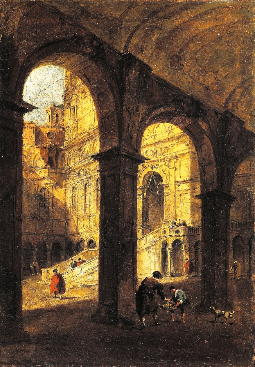 Näkymä Palazzo Ducalen sisäpihalle ja jättiläisportaille (Scala dei Giganti), Venetsiassa, noin 1780, kirjoittanut Francesco Guardi (1712-1793), öljy kankaalle, 26x39 cm. tekijältä Francesco Guardi