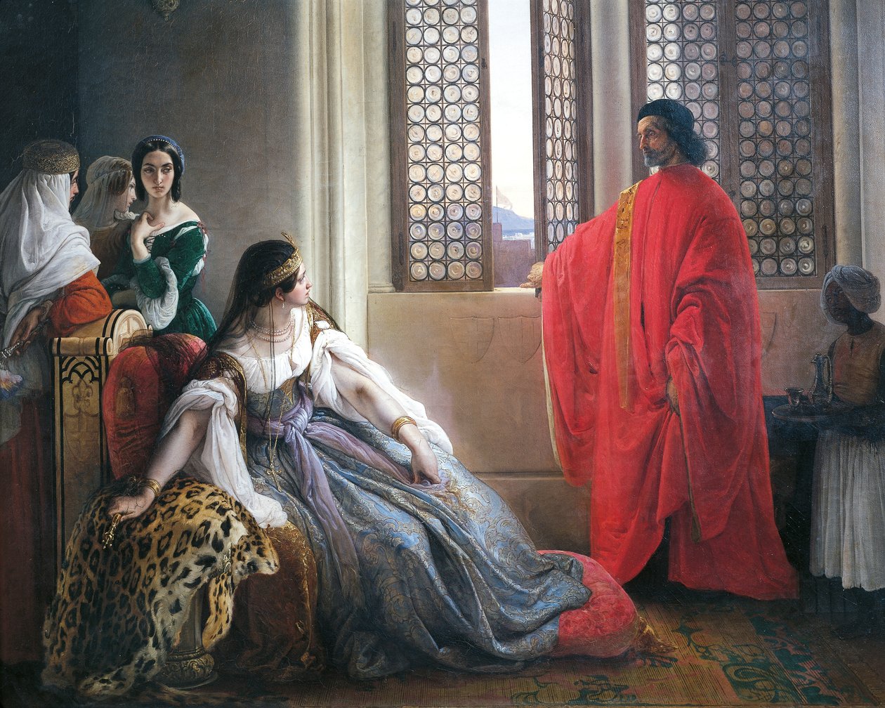Caterina Cornaro saa uutiset Kyproksen kuningattaren kuolemasta tekijältä Francesco Hayez