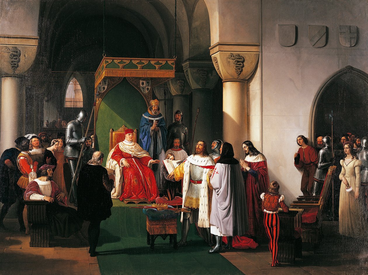 Milanon herttua Filippo Maria Visconti palauttaa kruunun Francesco Hayezin (1791-1882) genovalaisen vangiksi jääneille Aragonan ja Navarran kuninkaille tekijältä Francesco Hayez