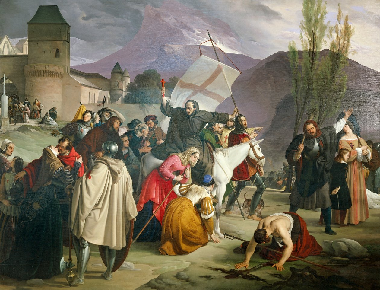 Peter Hermit ratsastaa valkoisella muulilla krusifiksi kädessään ja kiertää kaupunkien ja kylien läpi saarnaamassa ristiretkeä tekijältä Francesco Hayez