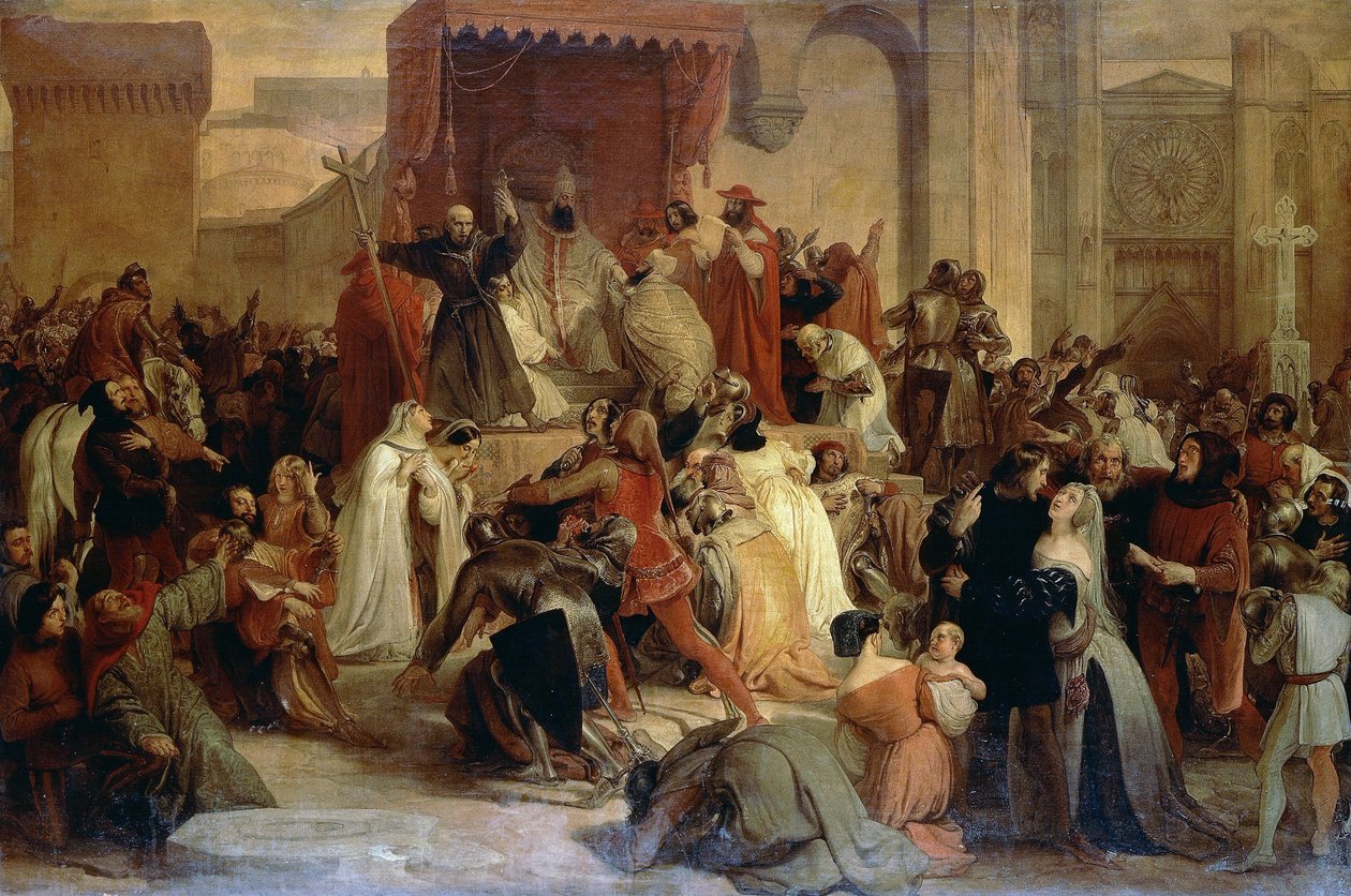 Paavi Urbanus II saarnaa ensimmäistä ristiretkeä aukiolla Clermontissa tekijältä Francesco Hayez