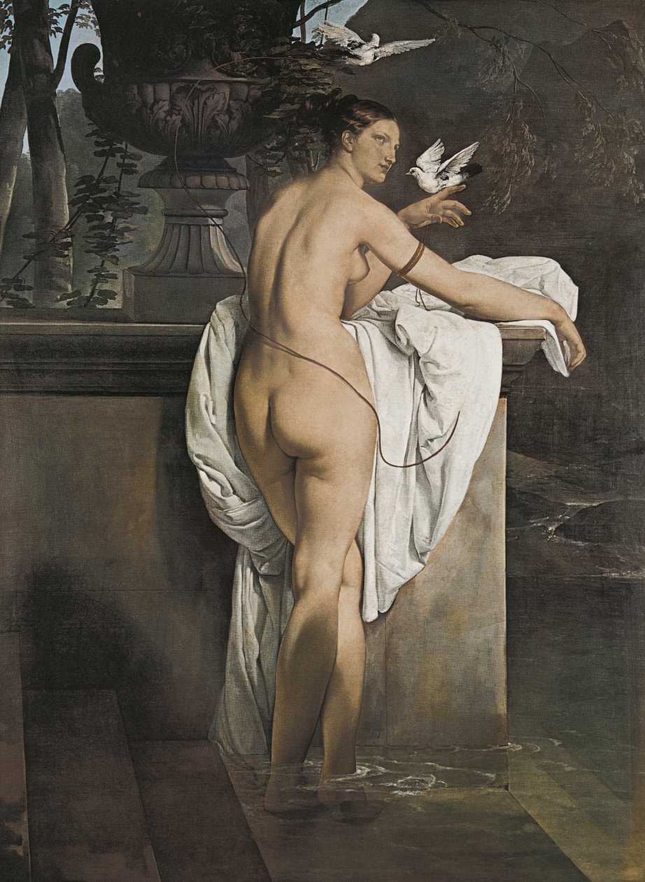 Muotokuva balerina Carlotta Chabertista, joka leikkii kyyhkysten kanssa tekijältä Francesco Hayez