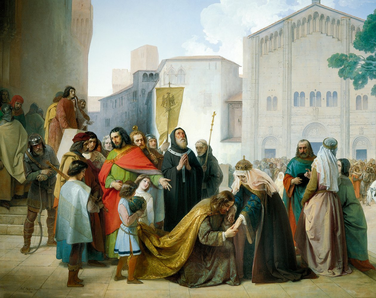 Otto II:n sovinto hänen äitinsä Adelaiden kanssa Burgundiasta tekijältä Francesco Hayez