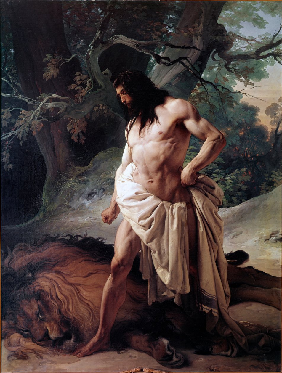 Samson katselee leijonaa, jonka hän juuri tappoi paljain käsin (öljy kankaalle tekijältä Francesco Hayez