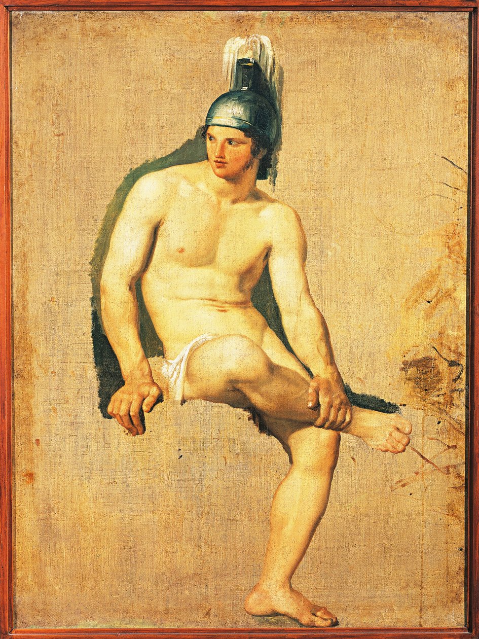 Francesco Hayezin tutkimus alastomasta soturista, joka istuu kypärä päässä, öljy kankaalle tekijältä Francesco Hayez