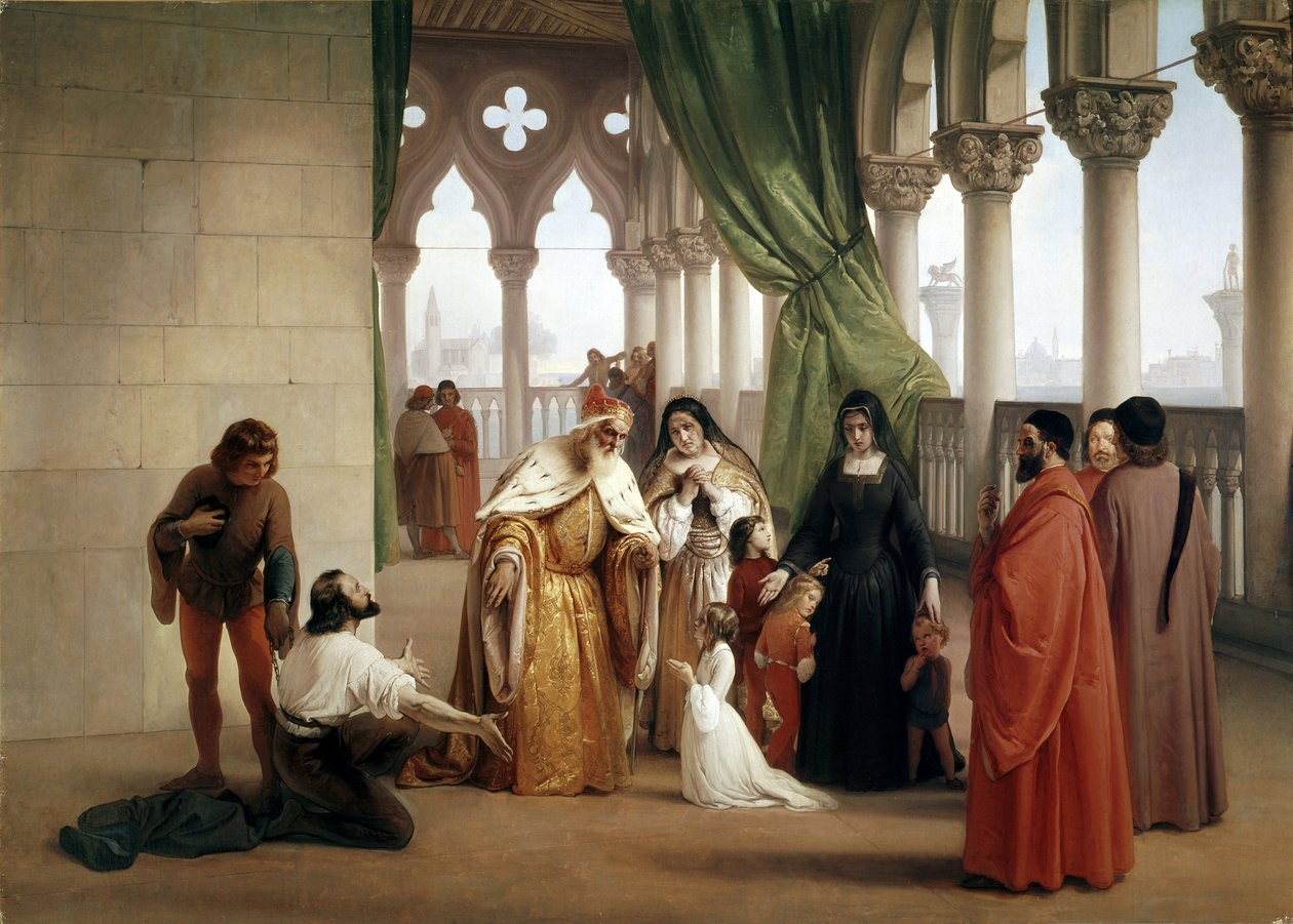 The Two Foscari: Francesco Foscari, Venetsian dogi, joka karkotti poikansa Jacopon syytettynä maanpetoksesta kirjeenvaihdosta maanpaossa (öljy kankaalle, noin 1852) tekijältä Francesco Hayez