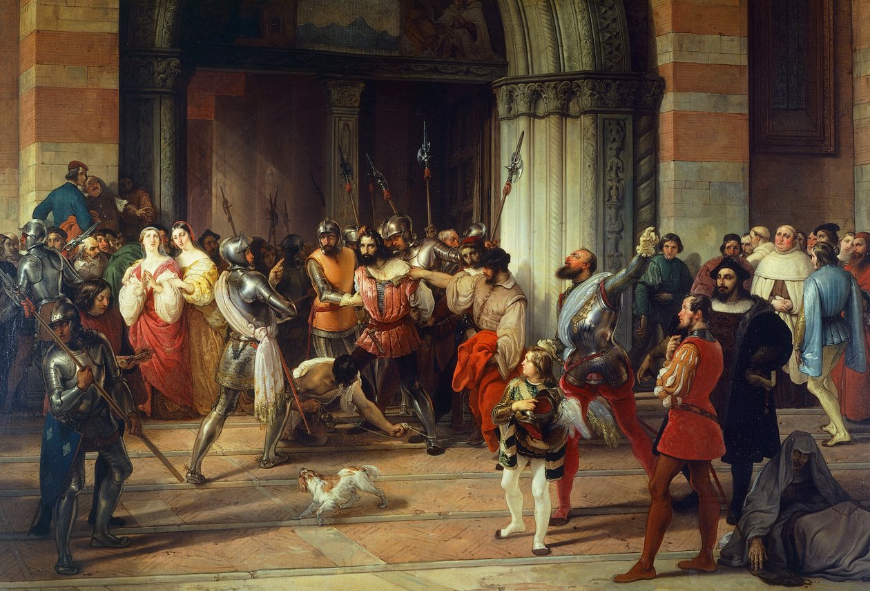 Ranskalaiset pidättivät Ventura Fenarolin Brescian Carmine-kirkossa, Francesco Hayez tekijältä Francesco Hayez