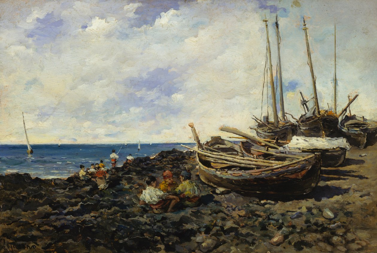 Kalastajat veneillä rannalla tekijältä Francesco Lojacono