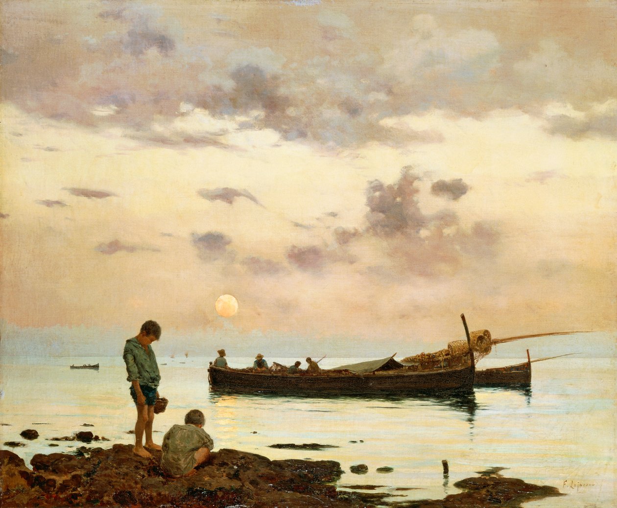 Marina kalastusveneellä ja pojilla, kirjoittanut Francesco Lojacono (1838-1915), öljy kankaalle, 64x77 cm tekijältä Francesco Lojacono